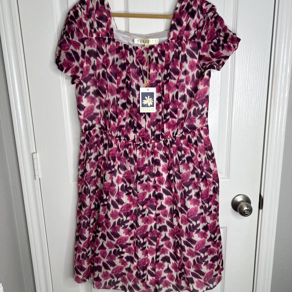 Paradiso NWT Floral Silk Blend Dress Size 4 Magenta Relaxed Short Sleeve NO BELT
